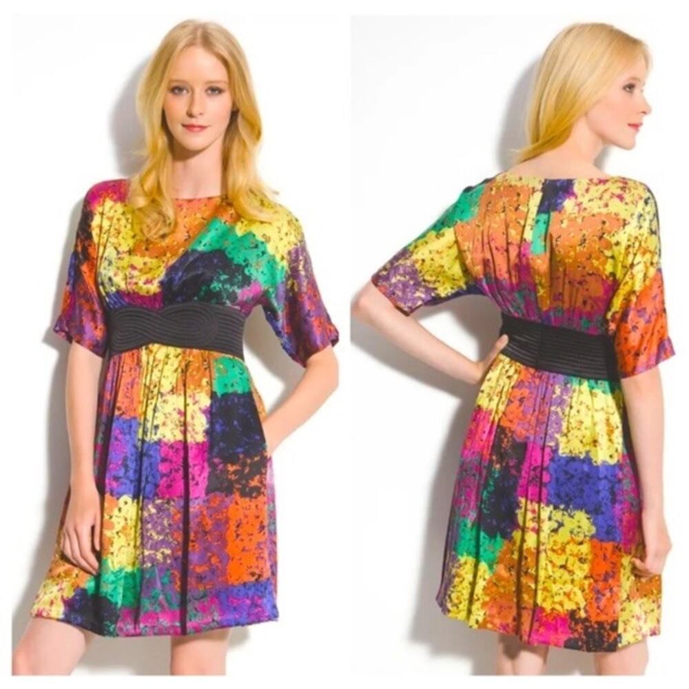Trina Turk Fosse 100% Silk Multicolor Dress Size 10 Vibrant Print Waist Detail - Picture 2 of 11